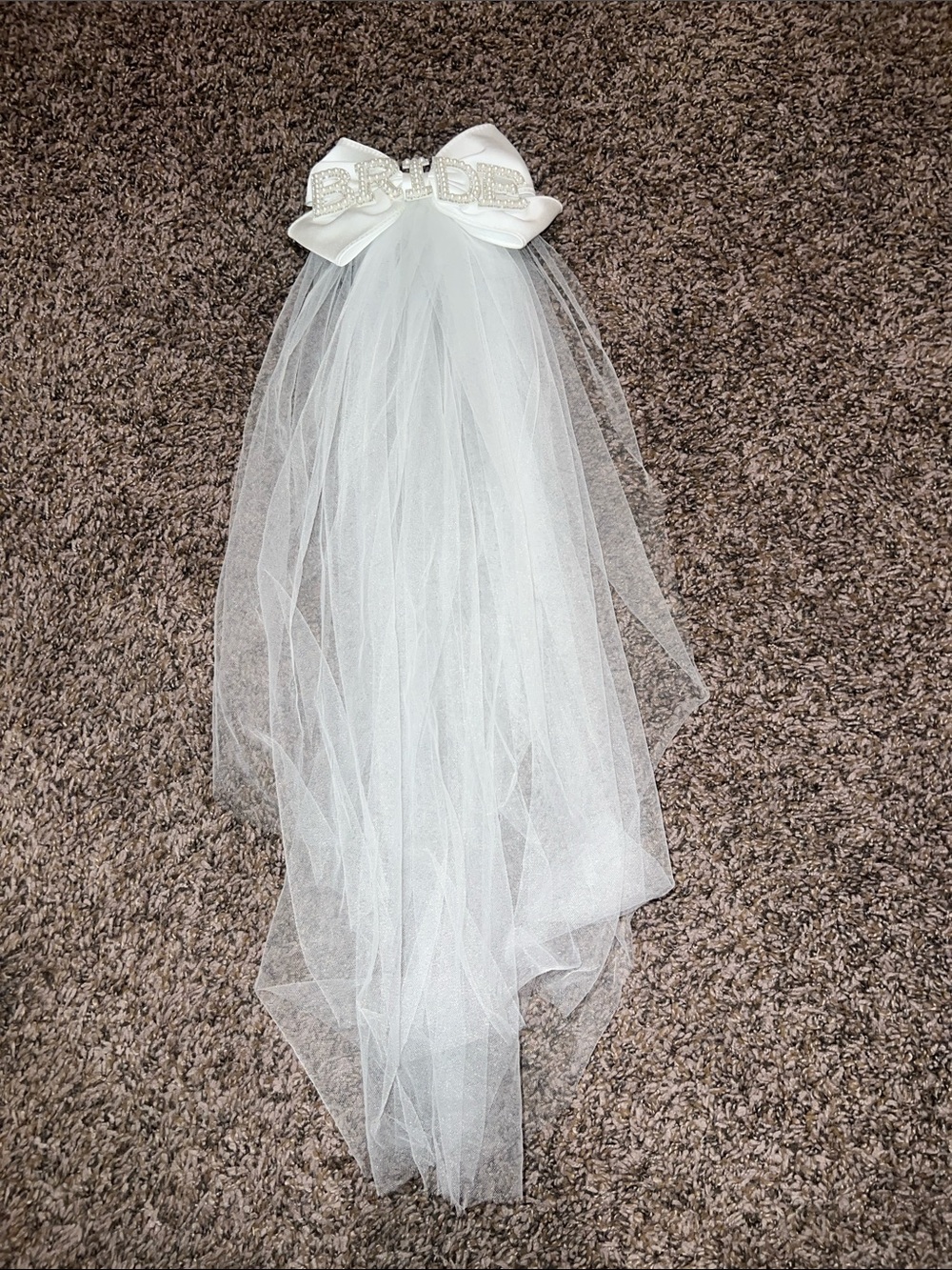 White Bridal Veil Hair Bow with Rhinestone 'BRIDE' Accent